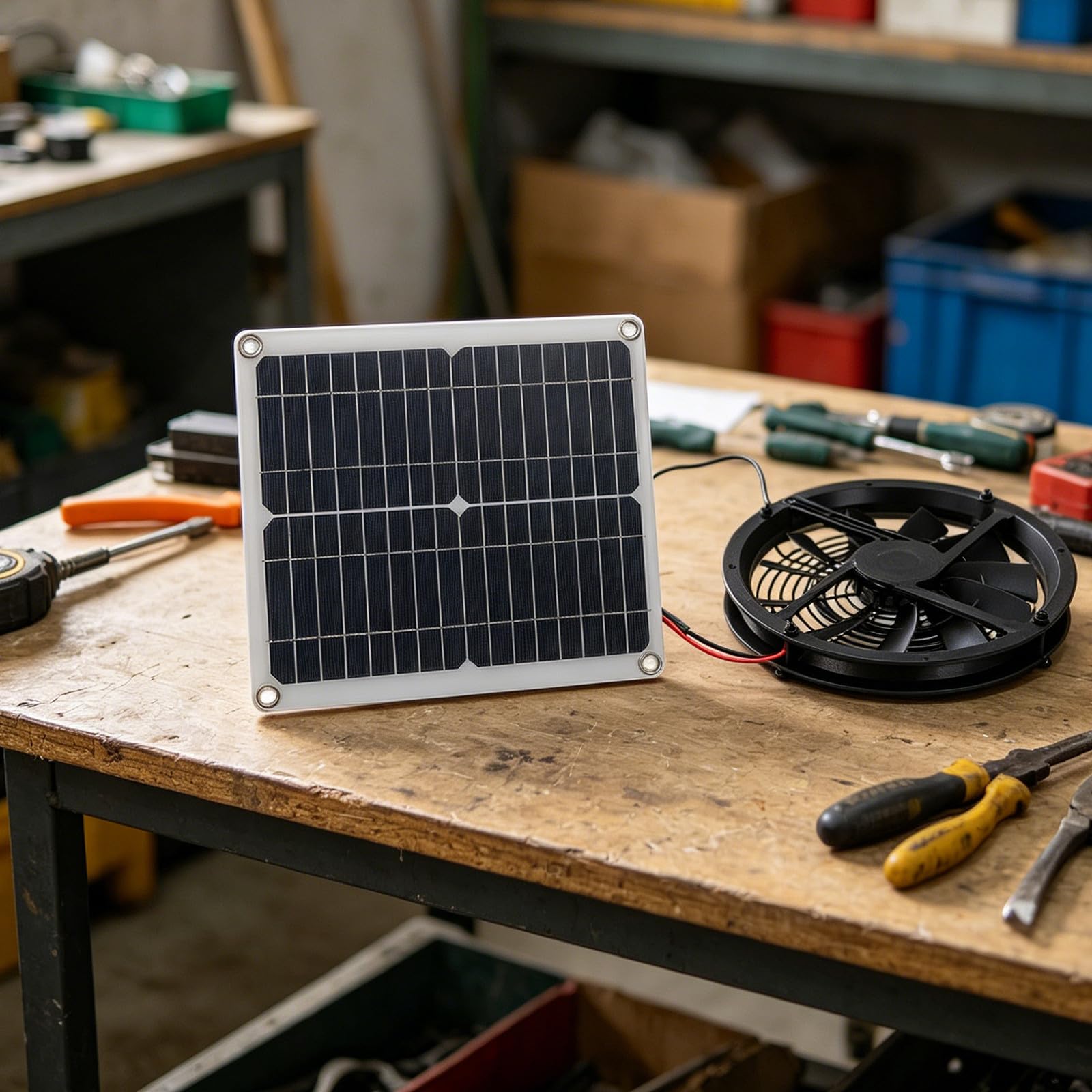 Solarbetriebener Abluftventilator 25cm Tierhäuser Kunststoff Rund Schwarz