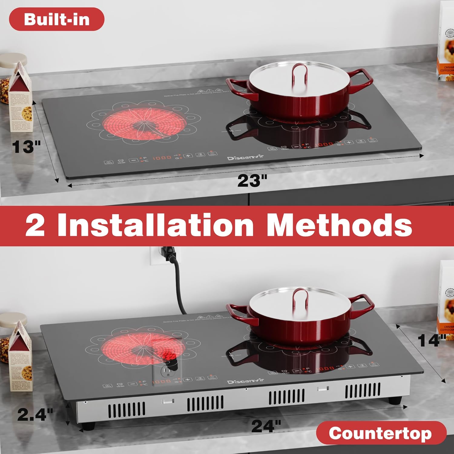 2 Burner Electric Cooktop - 24 Inch Electric Stove Built-in(23"x13") and Countertop(24"x14"), Two Burner Ceramic Cook Top with Child Lock, Timer, Sensor Touch Control, 110V Plug in