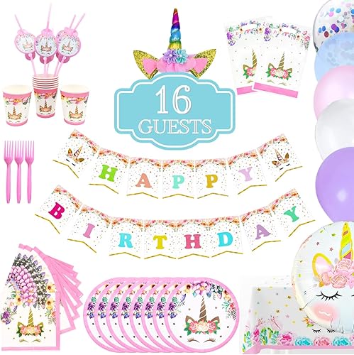 Decoraciones de fiesta de cumpleaños de unicornio para niñas. Suministros desechables para fiesta de cumpleaños. Platos, tenedores, tazas,