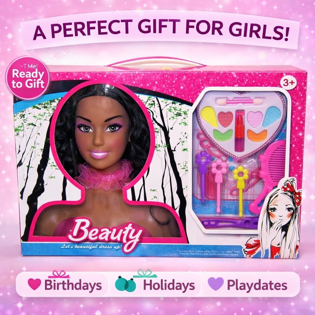 Liberty Imports African American Black Makeup and Hair Styling Doll Head Toy Playset with Real Washable Cosmetic and Fashion Dress Up Accessories for Girls Pretend Play