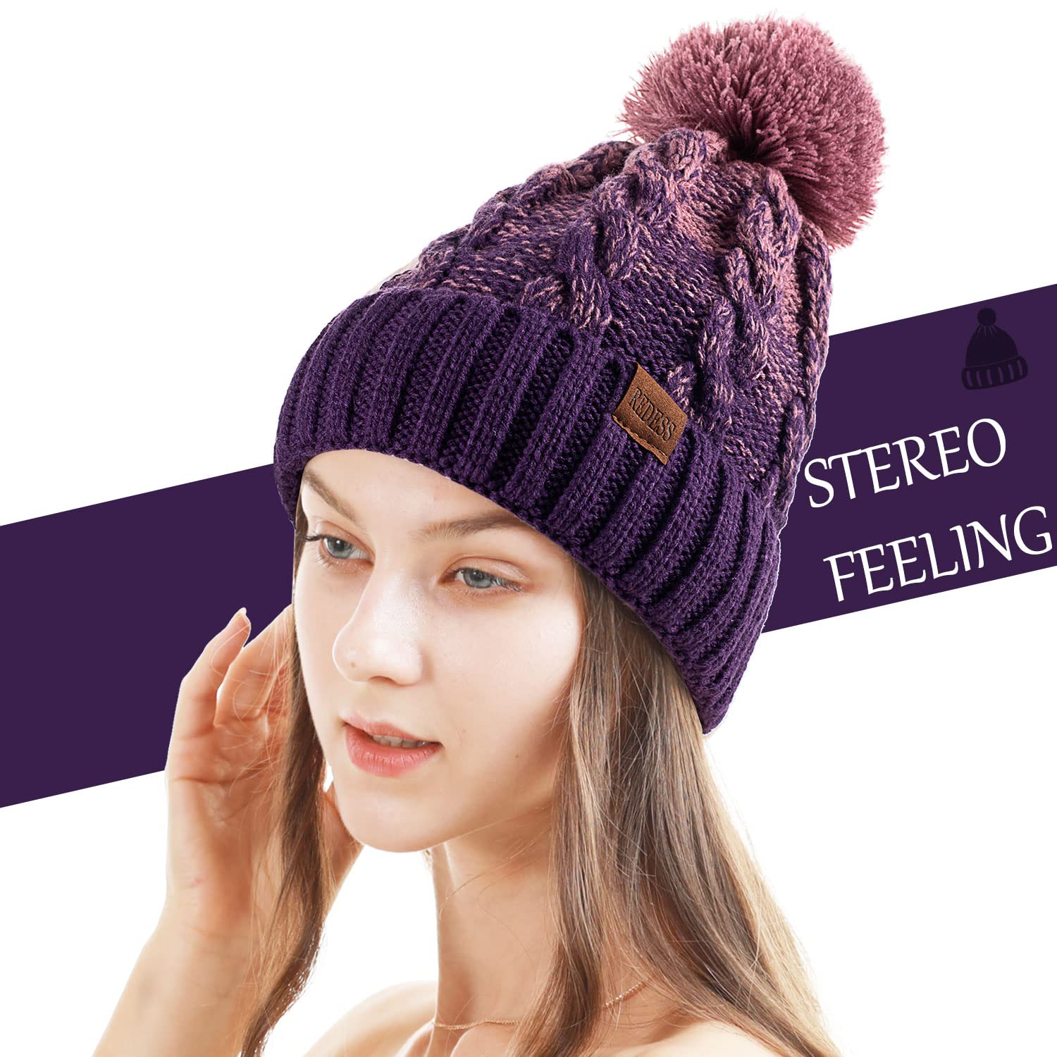 REDESS Cappello Invernale da Donna con Pom Pom Beanie Caldo Foderato in Pile Spesso Slouchy Snow Knit Chunky Baggy Skull Berretto da Sci