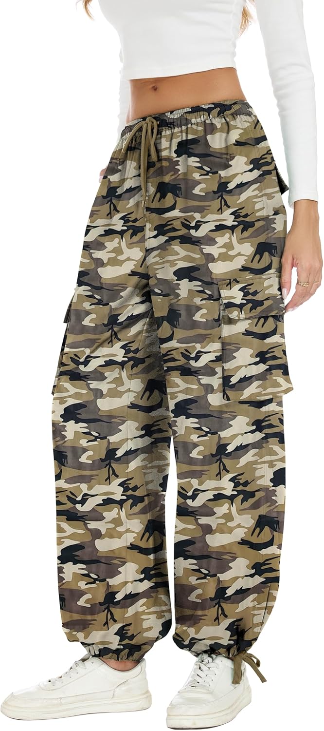Women's Camo Cargo Pants Wide Leg Trousers Baggy Y2K High Waist Pants with Drawstring