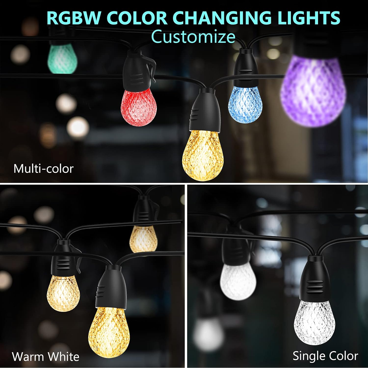 Close-up of YSJ string light bulbs displaying various RGBW colors and warm white options.