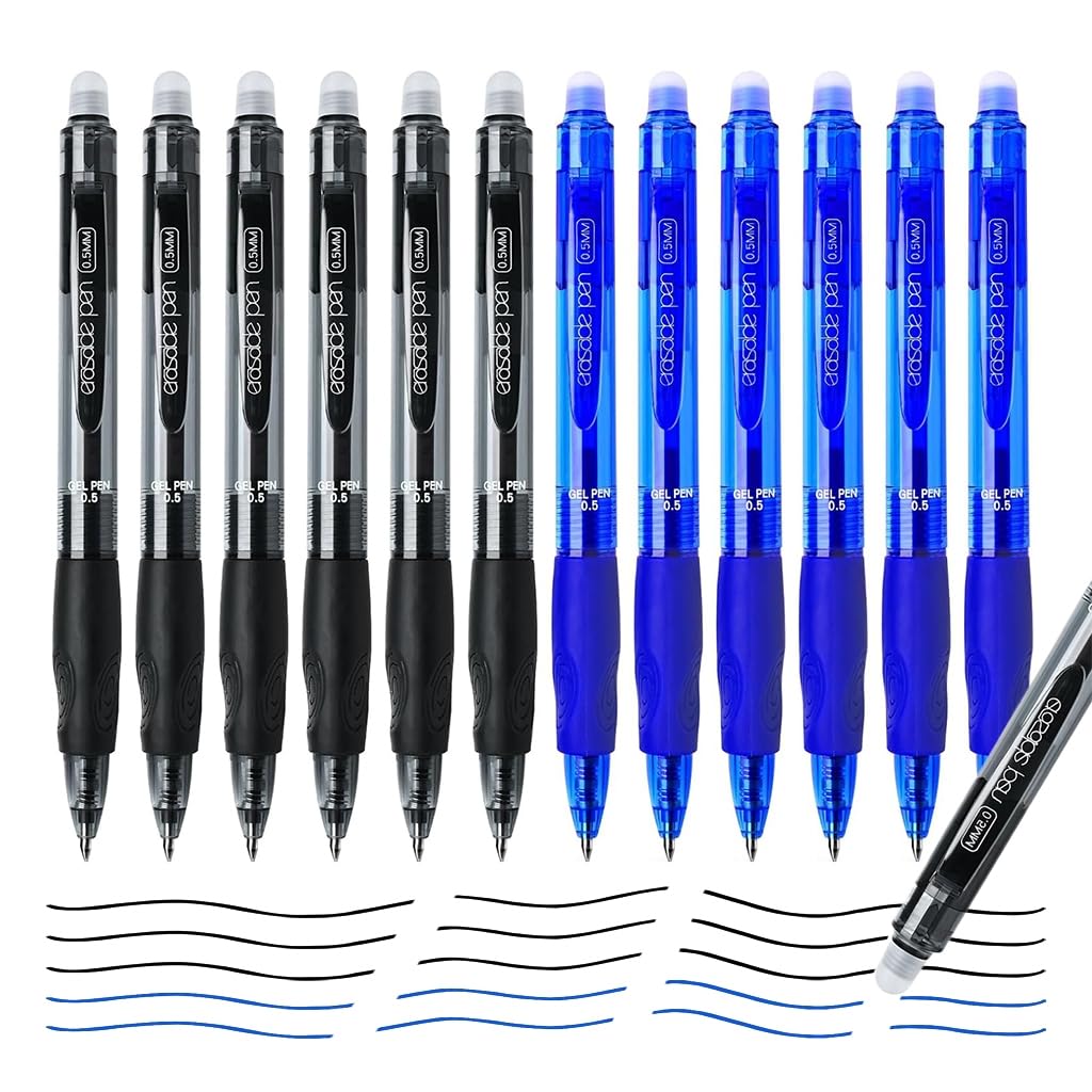 12 bolígrafos de gel borrables, punta fina Click de 0.5 mm, secado rápido, agarre cómodo, bolígrafos de escritura para escuela, oficina, exámenes (azul y negro)