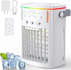 Ar Condicionado Portátil, Mini Ventilador de Ar-Condicionado Evaporativo ANGFA com 3 Velocidades e 3 Níveis de Humidificação, Luz Noturna de 7 Cores e Temporizador 2-8H, Refrigerador de Ar Pessoal