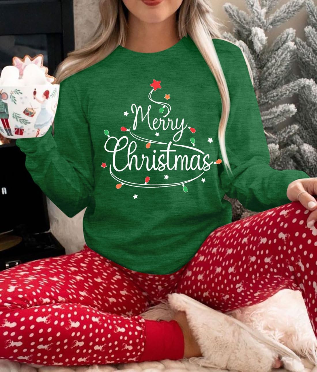 FASHGL Christmas Shirt Women Merry and Bright Pullover Christmas Lights Graphic T Shirts Xmas Long Sleeves Tops - Image 2