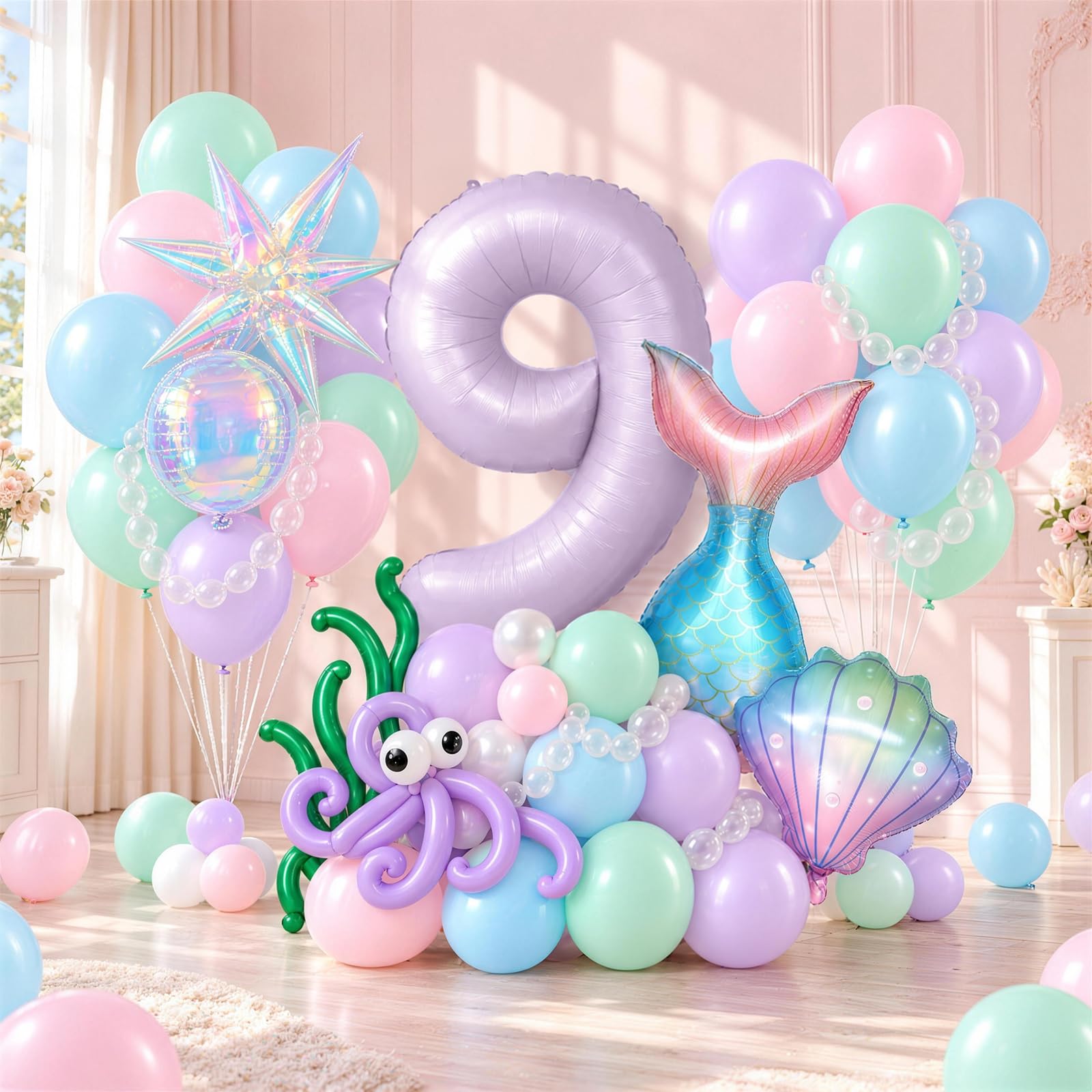 Mermaid 9th Birthday Decor Girls, Pink Purple Blue 40 In Number 9 Balloon