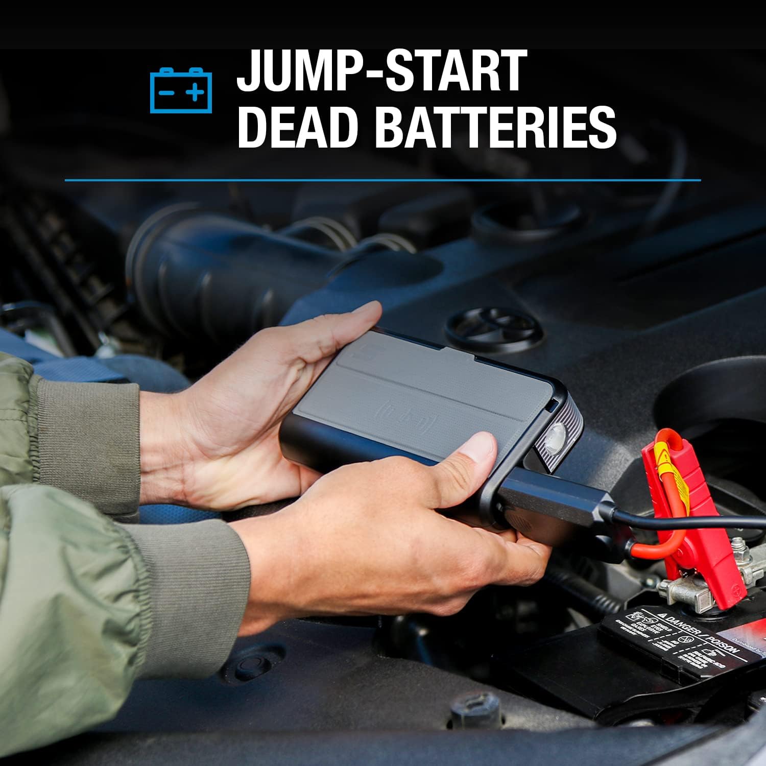 Type S Car Battery Jump Starter 12V 400A 6.0L Gas 3.0L Diesel, 8000mAh Portable Power Bank Built-in Lightning Cable, MFI Certified, Wireless Charging, LCD, Flashlight, UL-Listed - Gray