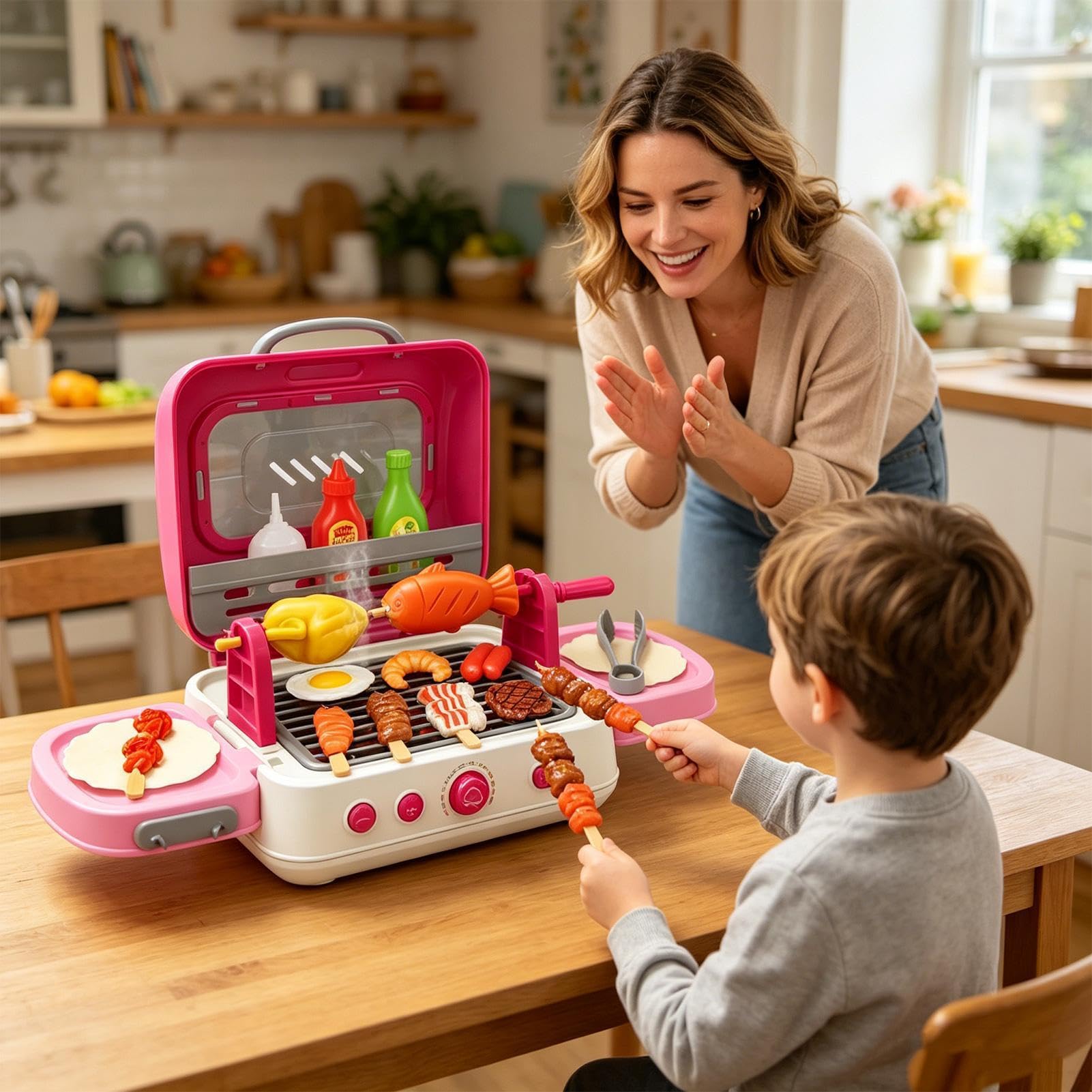 Set di barbecue per bambini, giocattolo pieghevole per barbecue, gioco di ruolo con luce sonora | Giocattolo da cucina interattivo con effetti nebbia per ragazze, feste di gioco indoor e outdoor e campeggio