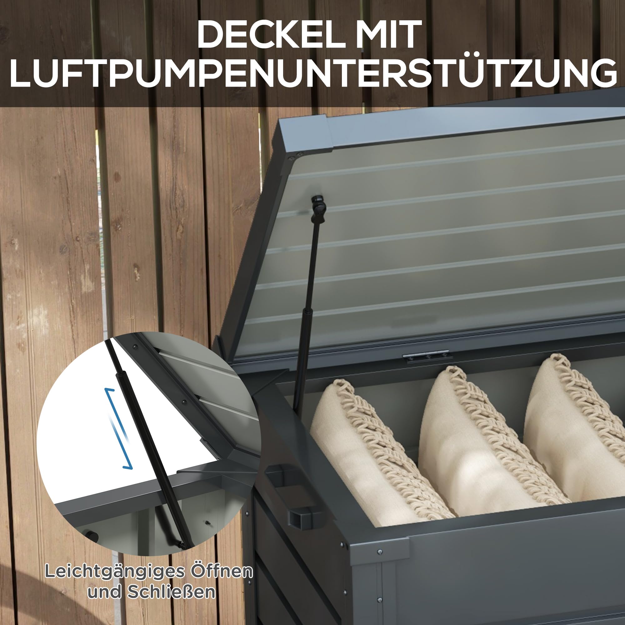 Outsunny Gartenbox Metall 311 Liter mit Griffen 120 x 62cm Dunkelgrau | Auflagenbox, Rollen, Schloss, Wasserdicht, Abschließbar, Gartentruhe, Outdoor Kissenbox, Wetterfest, für Garten Balkon