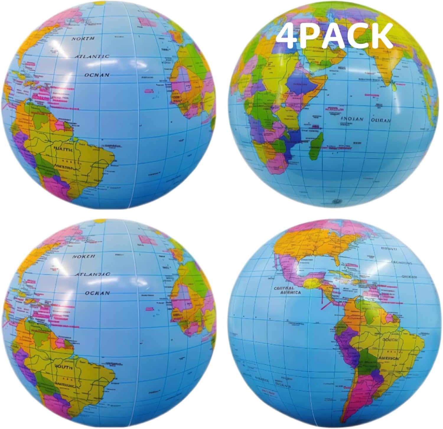 Inflatable Beach Balls Bulk Jumbo 16" World Globe Pool Toys Balls for Pool, Party Summer - Swimming Game Water Toys Kid Party Favor Luau Decorations Blow Up Beach Ball
