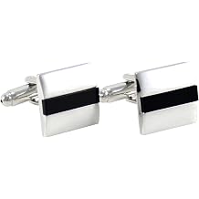 Classic Brushed Silver Tone Curve Square Onyx Cuff Links with Gift Box