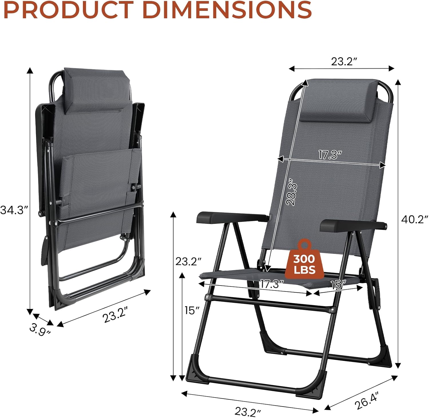 TLSUNNY Folding Patio Chairs Set of 2, Outdoor Lawn Chair w/ 5 Level Adjustable Teslin Back, Removable Headrest, Ergonomic Armrest, Foot Pad, All Weather for Camping, Garden, Pool, 300Lbs (2, Grey)