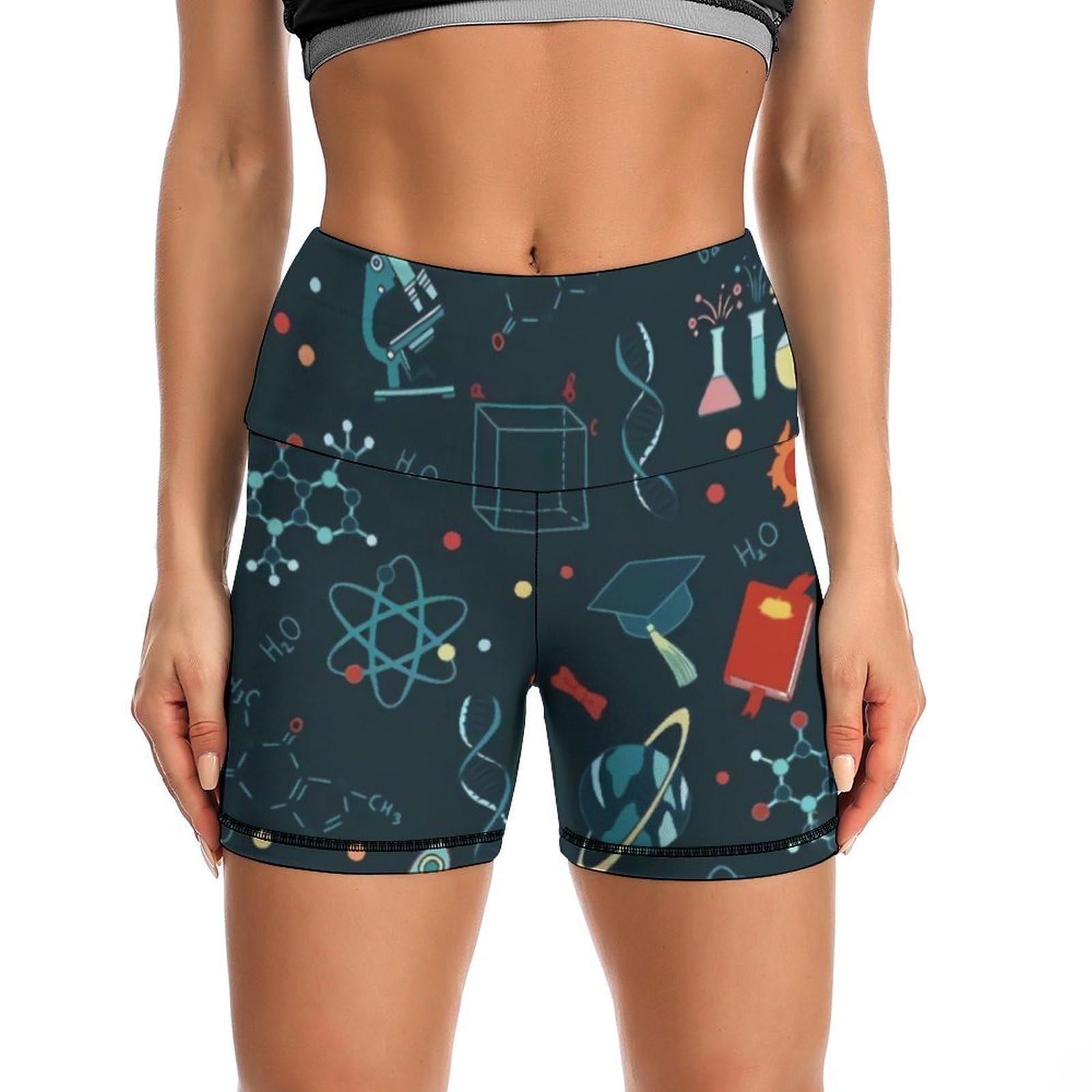 JYYAU Science Pattern High Waist Yoga Shorts for Women Athletic Shorts Leggings Running Pants Black