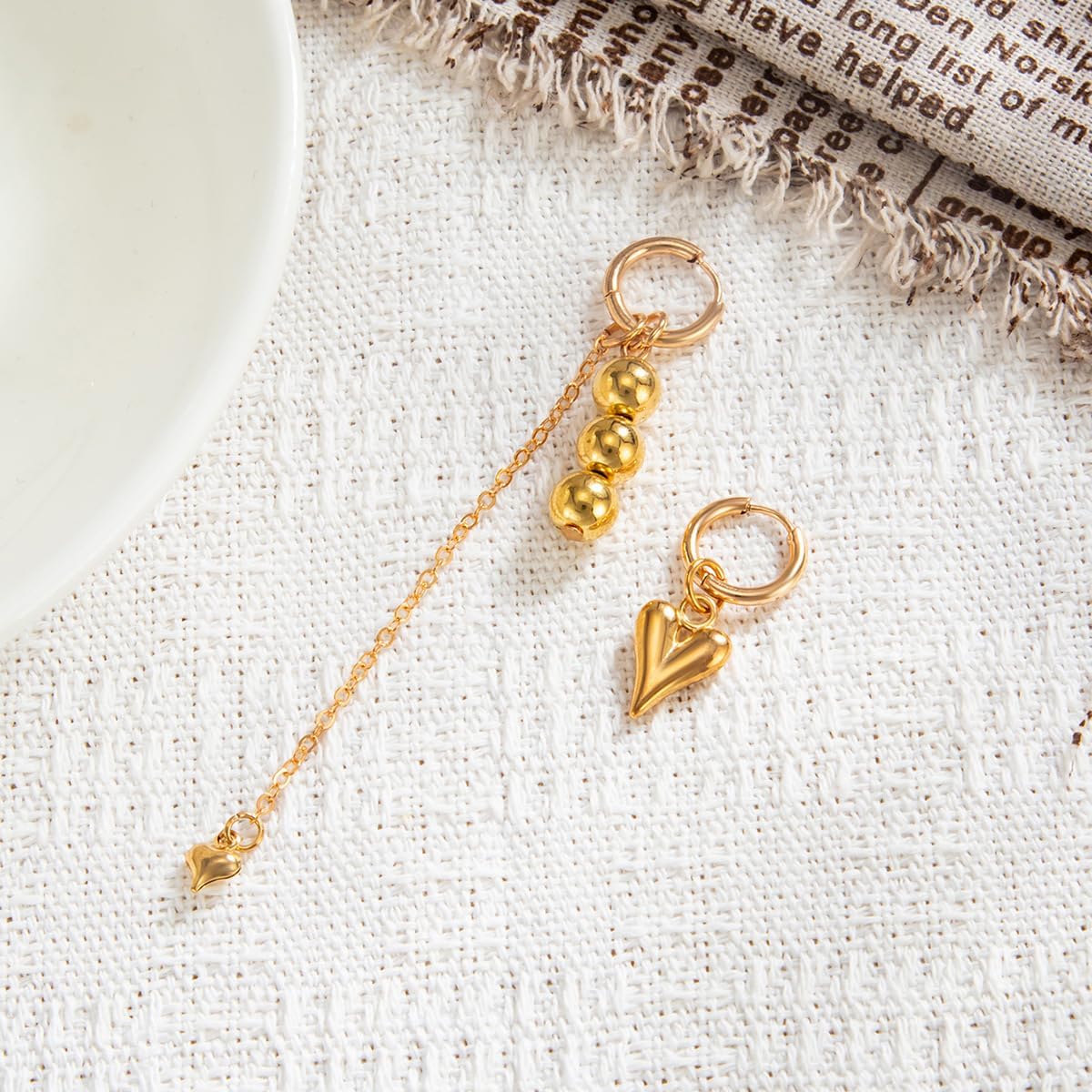 Asymmetrical Earrings for Women, Gold Plated Hypoallergenic Trendy Statement Hoop Drop Dangle Lightweight Drop Dangle Dainty Earrings Heart Beaded Jewelry Gifts - Image 5