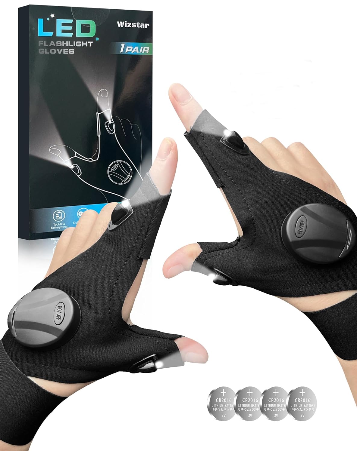 Wizstar LED Flashlight Gloves, Unique Gifts for Men Dad Boyfriend Him Husband, Valentines Day Birthday Gift Waterproof Cool Gadgets Finger Lights with Toggle Switch for Camping Fishing Repairing