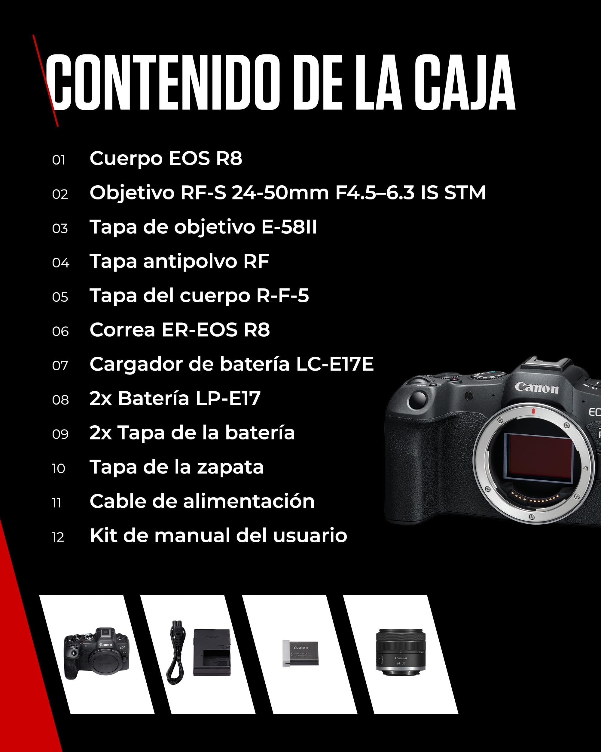 CANON EOS R8 Cámara Mirrorless + Objetivo RF 24-50 mm F4.5-6.3 IS STM + 2X Baterías (Kit de Batería Adicional), Cámara Evil Full Frame (24,2 MP) -6.5 EV, Vídeo 4K 60 fps, Dual Pixel CMOS AF II, Negro