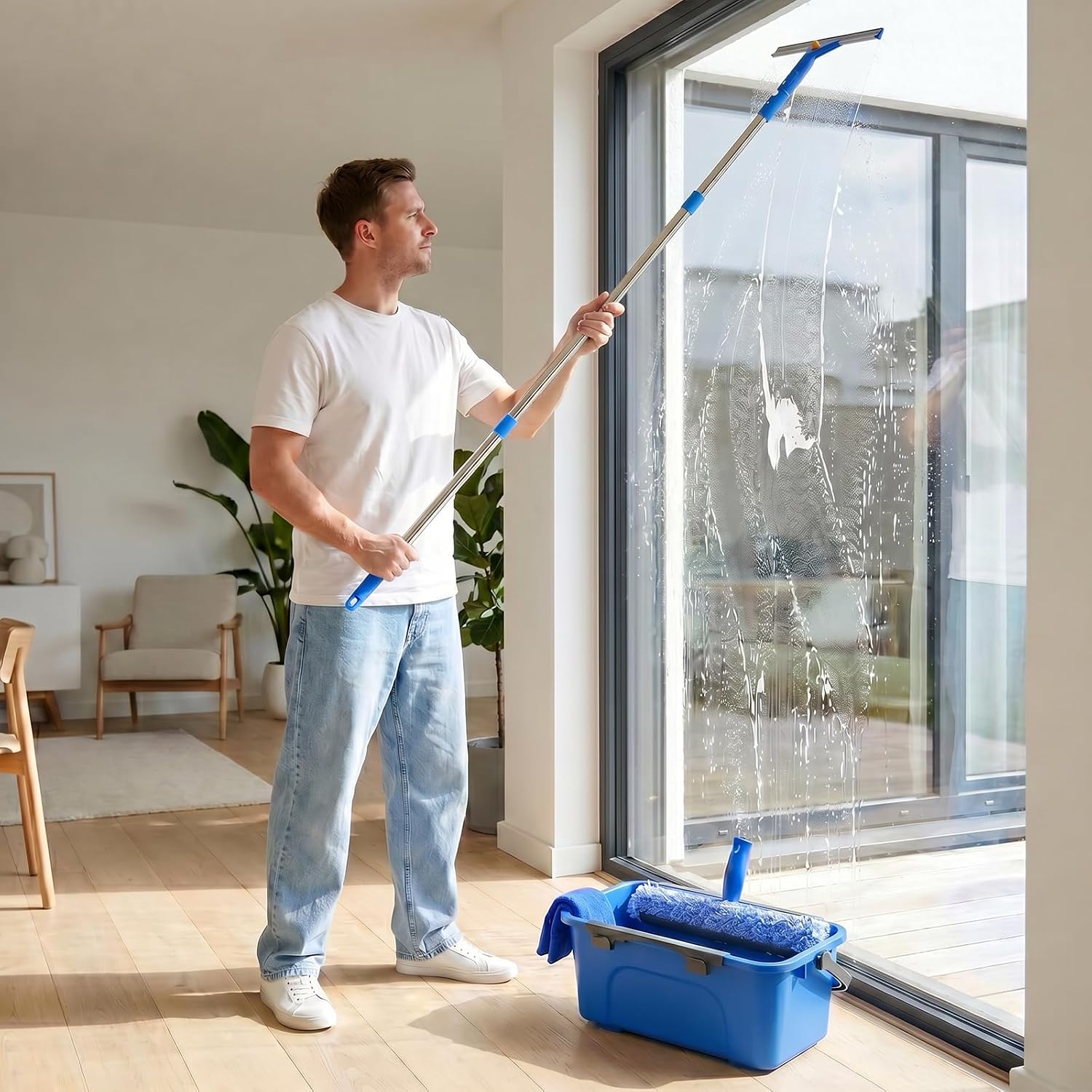 UFORU Professional Window Cleaning Kit with Bucket, 3 Gallon Set with 14" Window Squeegee, 15" Microfiber Scrubber and 76" Long Handle for High Window, Home, Outdoor, Commercial and Car Glass Cleaning
