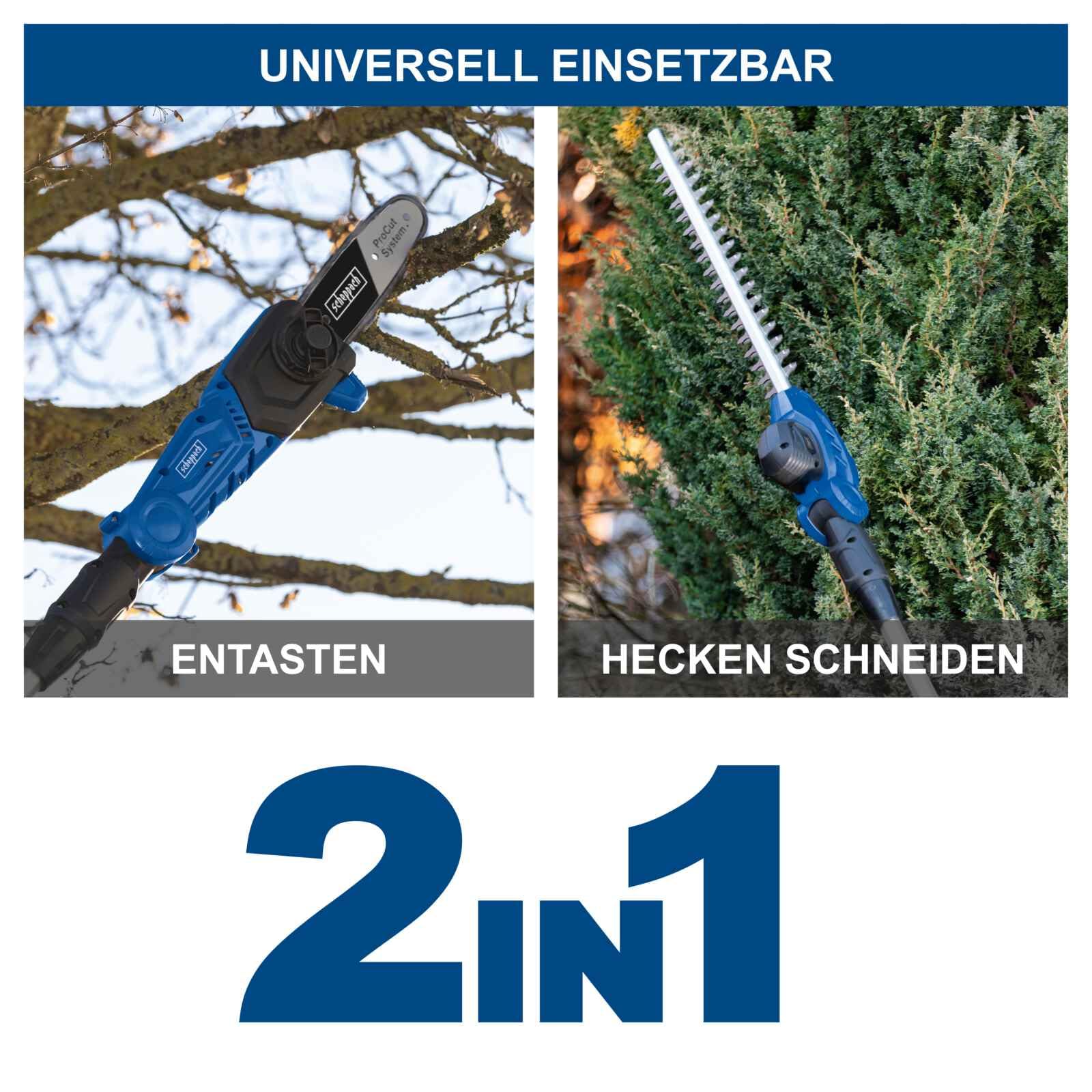 Scheppach Batería multifunción C-PHTS410-X 2 en 1 | Longitud de corte cortasetos y podadora 410/180 mm | Correa de hombro y barra telescópica | Serie IXES 20V-IXES | 10 años de garantía | con batería