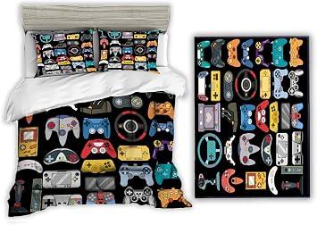 Sunnycitron Black Gamer Queen Size Comforter Set 3 Piece- Includes 1 Comforter and 2 Pillowcase and Boy Area Rug 59"x39"