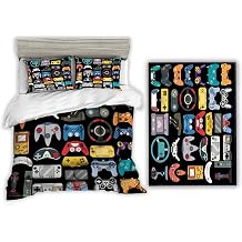 Sunnycitron Black Gamer Twin Size Comforter Set 3 Piece- Includes 1 Comforter and 2 Pillowcase and Boy Area Rug 59"x39"