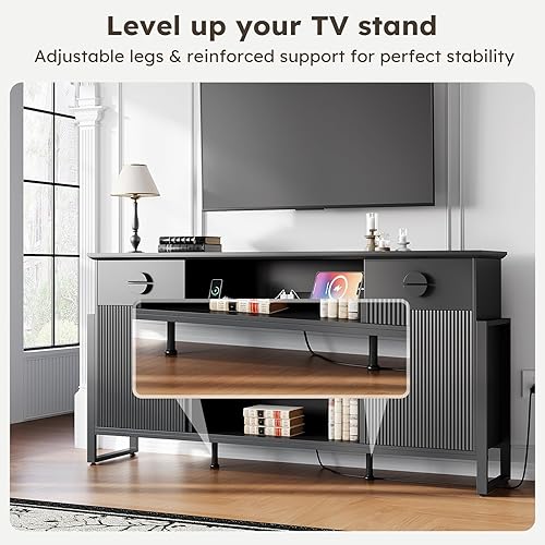 Miniatura 9 de Soporte de TV acanalado para sala de estar, soporte de TV negro de 70 pulgadas con tomas, centro de entretenimiento de 38 pulgadas de alto