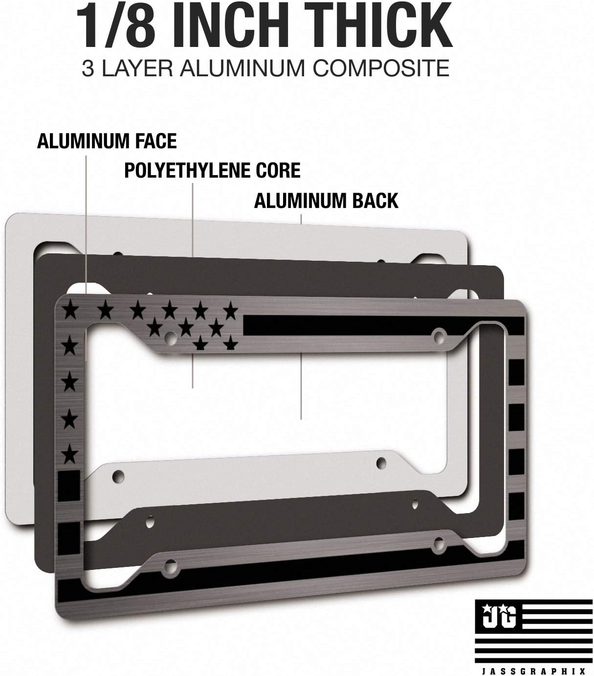 Jass Graphix USA Made American Flag License Plate Frame Matte Black on Brushed Aluminum Composite