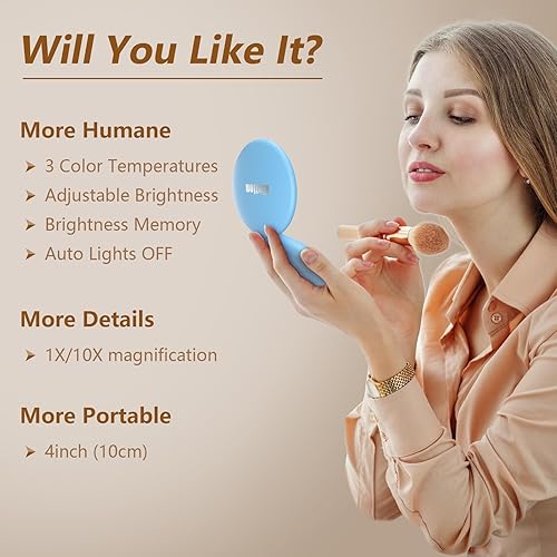 Miniatura 30 de Kintion Espejo de viaje con luz, espejo compacto de aumento 1X/10X, espejo LED recargable de 4 pulgadas, temperatura regulable de 3 colores, espejo