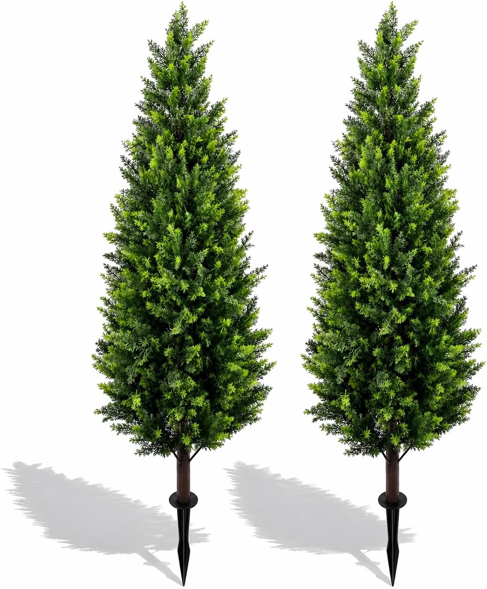 Artificial Cedar Topiary Trees 4ft Set of 2,Fake Shrubs with Ground Spike,UV Resistant Cypress Tree,Faux Bushes for Outdoors,Fake Plants for Outdoor Indoor Front Porch Patio Garden Decor