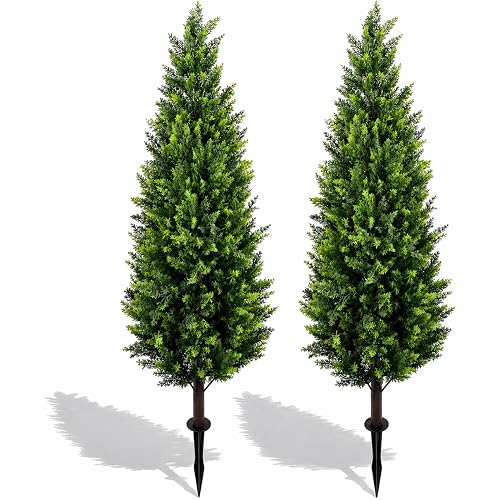 Artificial Cedar Topiary Trees 4ft Set of 2,Fake Shrubs with Ground Spike,UV Resistant Cypress Tree,Faux Bushes for Outdoors,Fake Plants for Outdoor Indoor Front Porch Patio Garden Decor