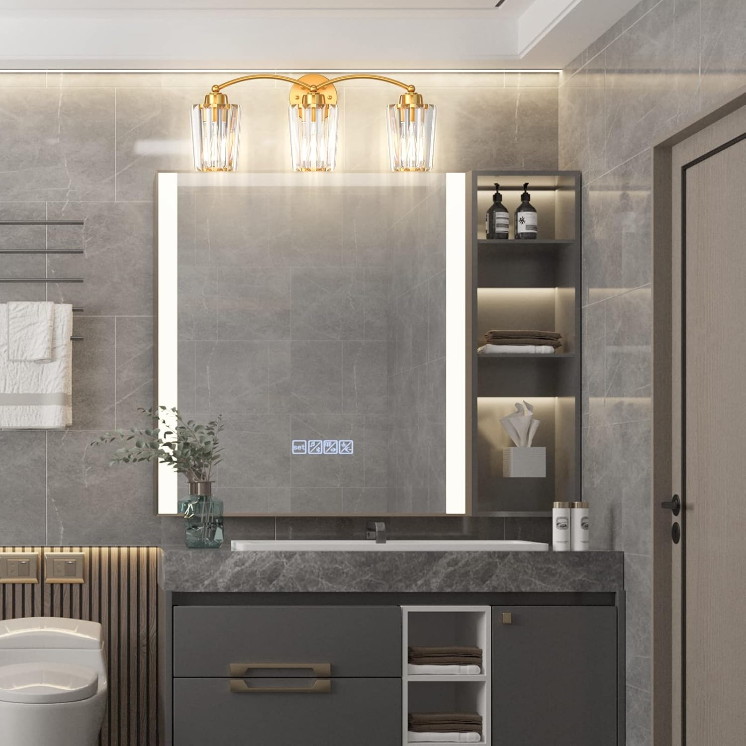 Aipsun Gold Bathroom Light Fixtures 3 Lights Crystal Vanity Light Fixtures Modern Crystal Wall Lights for Bathroom E26 Base (Exclude Bulb)