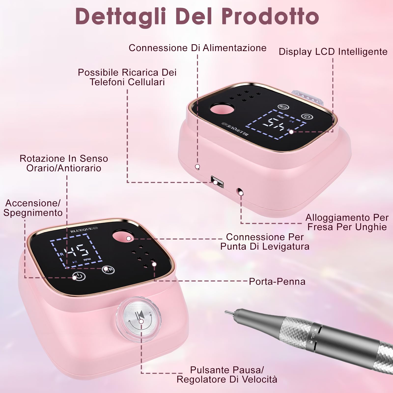 Dreamhigh® Fresa per Unghie Professionale 45000 RPM, Lima Unghie Elettrica, Fresa Unghie, Portable Nail File Kit, Manicure e Pedicure, Trapano Elettrico per Rimozione Gel/Smalto, Rosa