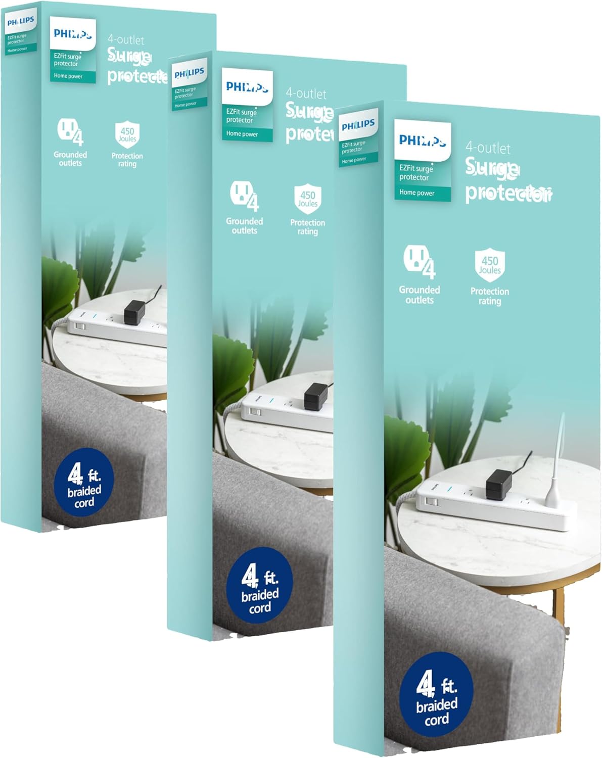 Philips 4-Outlet Surge Protector Power Strip, 4 Ft Braided Extension Cord, Multi Plug Outlet Extender, Adapter-Spaced, 450 Joules, White, SPP3563W/37 (Pack of 3)
