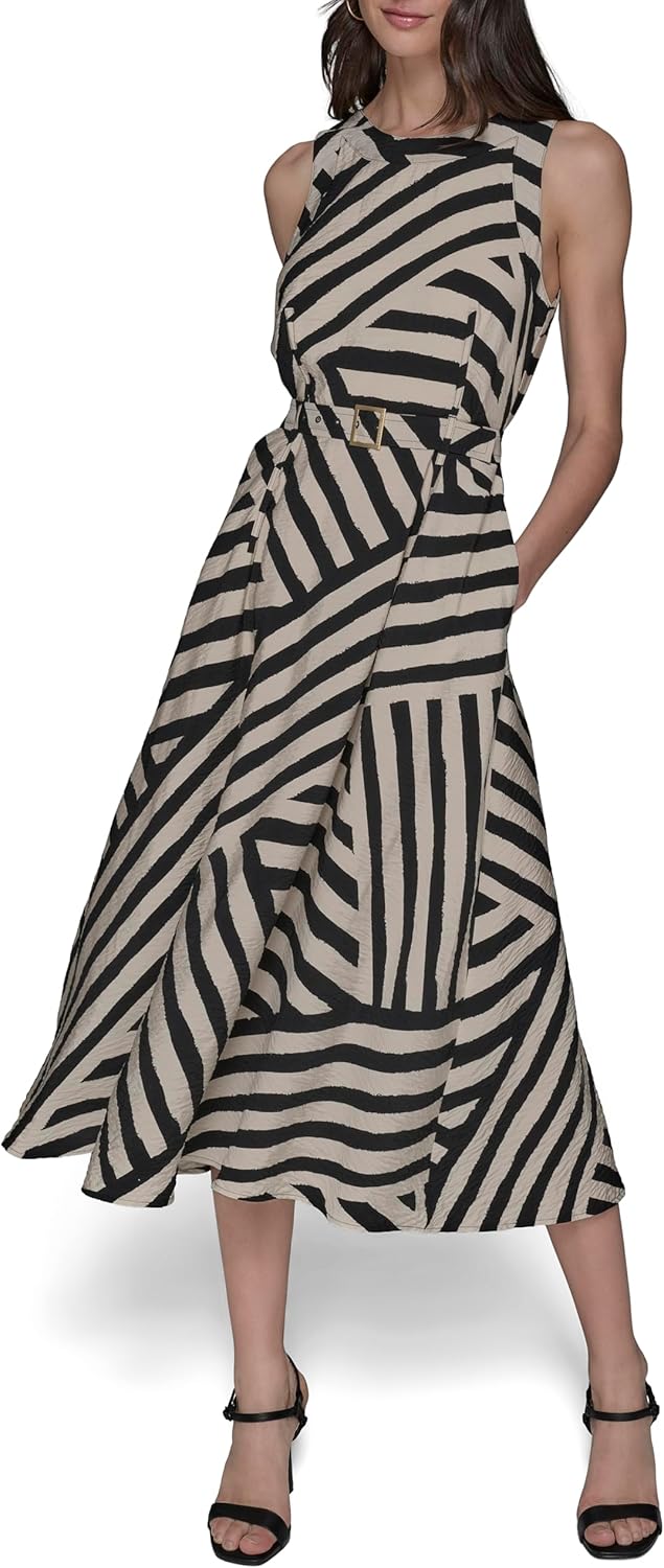 Karl Lagerfeld Womens Lined Belted Sleeveless Midi Dress