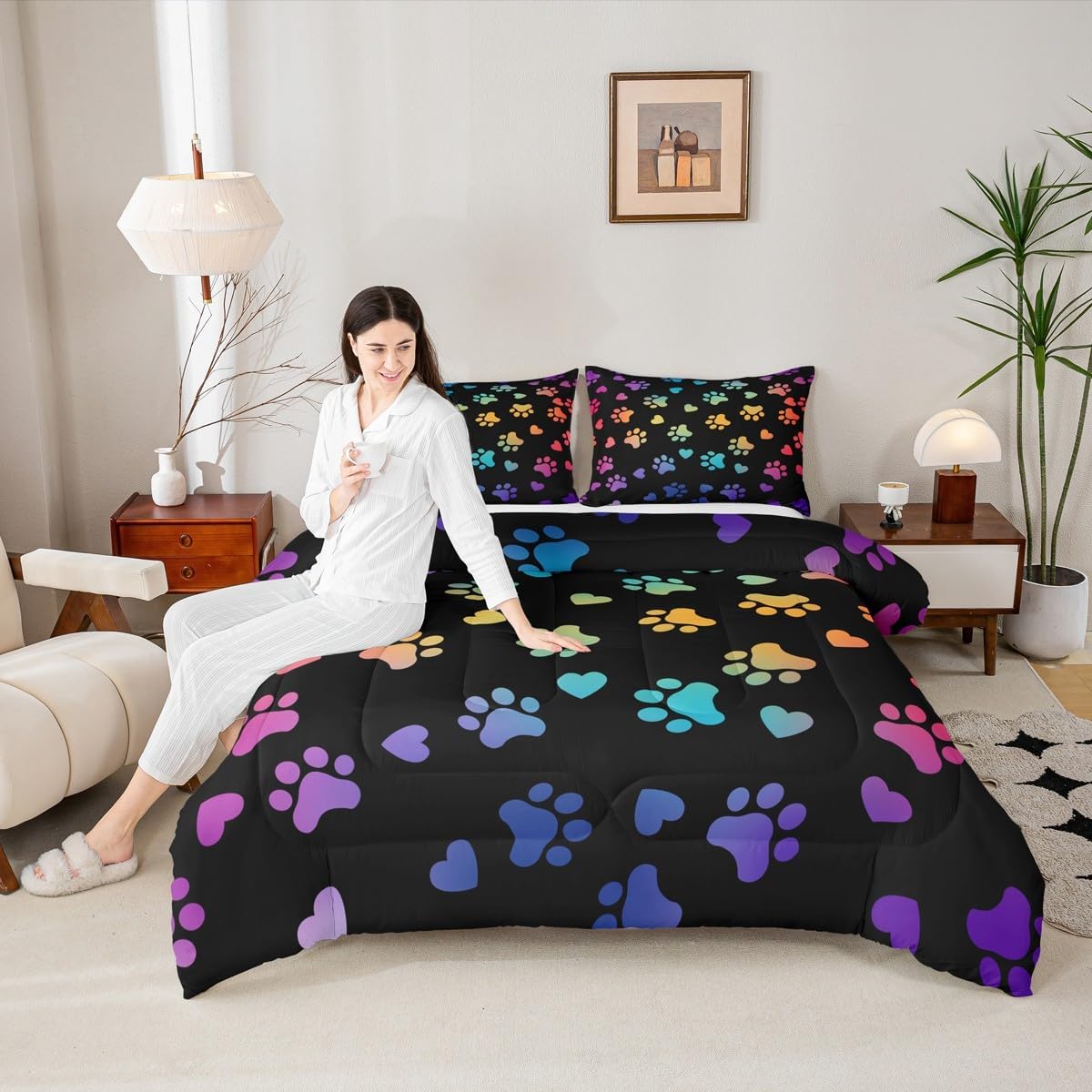 Manfei Dog Paw Print Kids Comforter Set Full Size,Animal Pet Neon Bedding Set,Girls Boys Adults Home Bedroom Decor,Puppy Kawaii Cartoon Down Comforter,Colorful Rainbow Duvet Insert,3pcs,2 Pillowcases