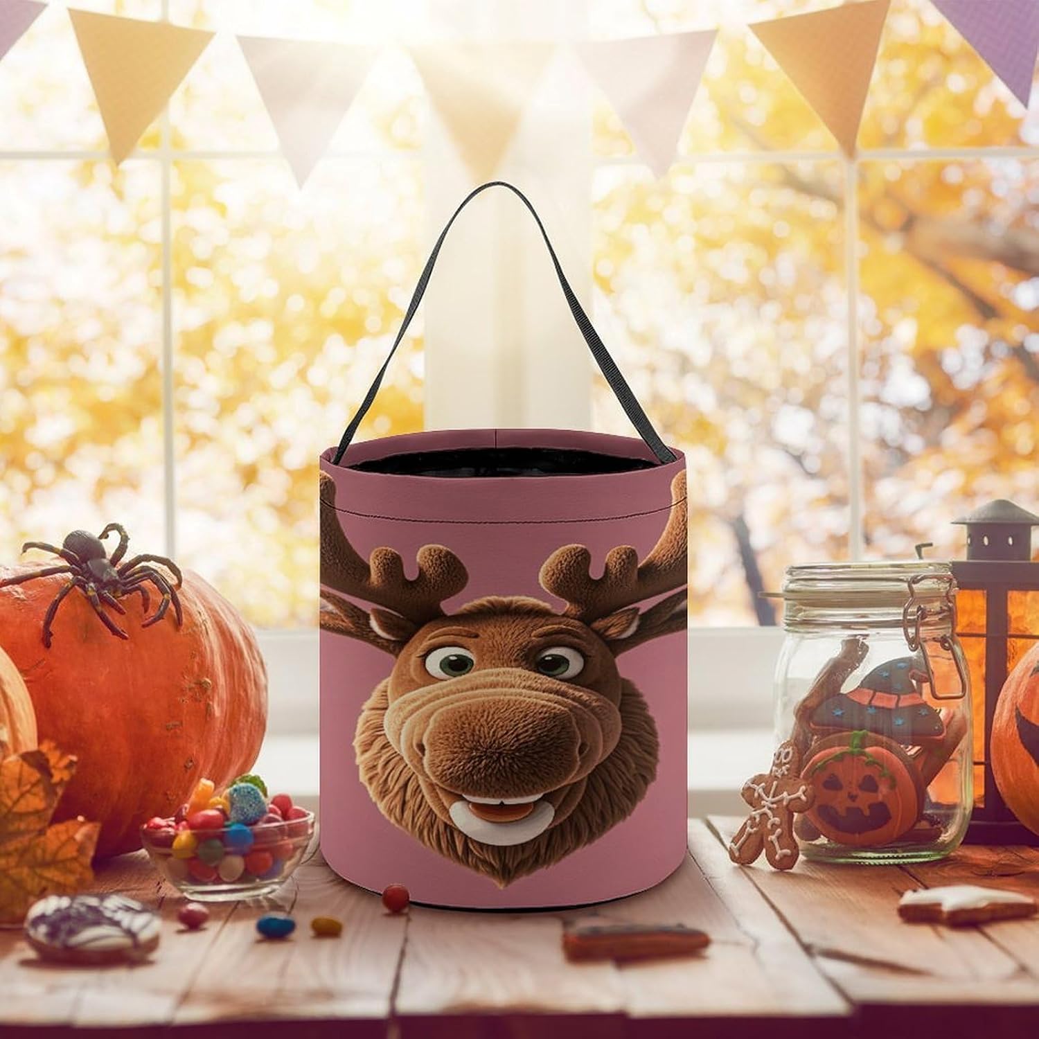 Halloween Candy Bucket Depict A Funny Christmas Moose Head Trick Or Treat Bags Halloween Candy Tote Bag with Handles Reusable Candy Baskets for Halloweens Party Supplies Favors Gift Bags image 2