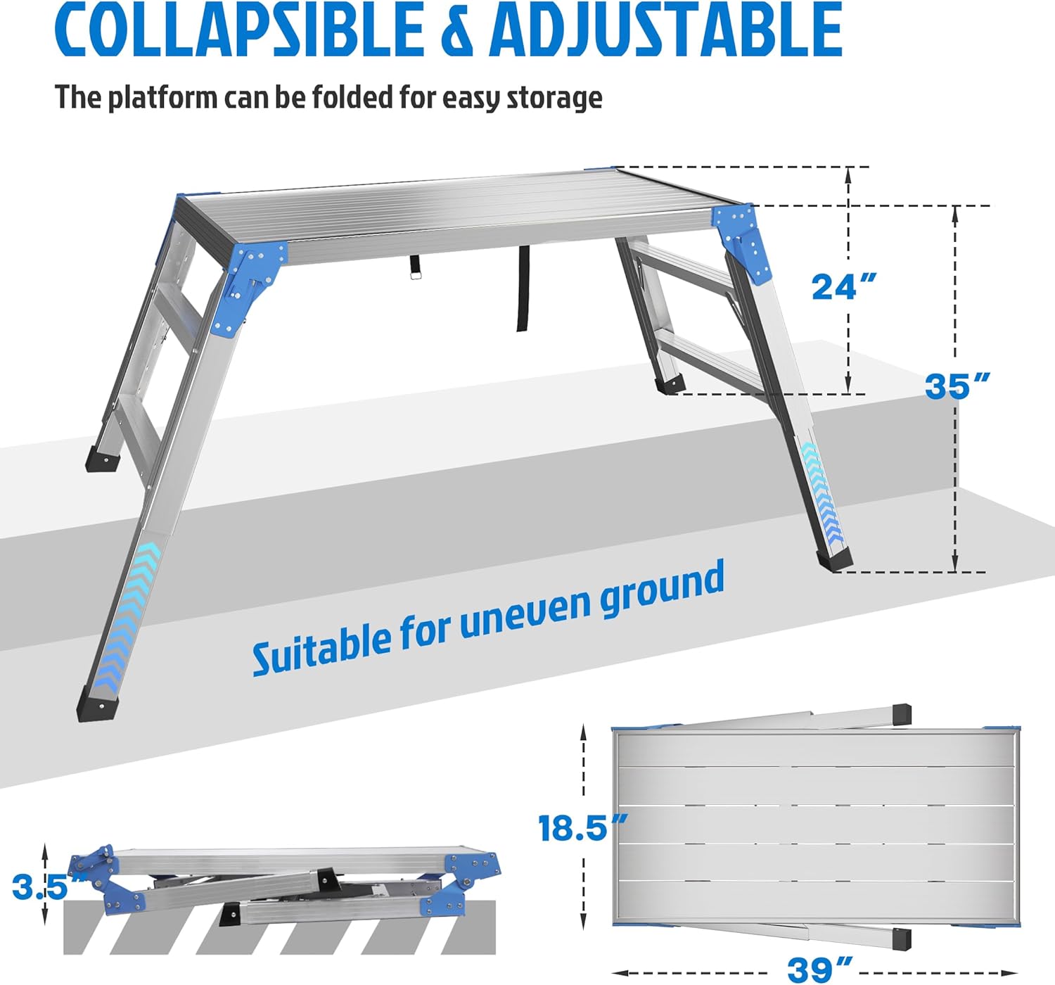 Work Platform Height Adjustable, Portable Step Stool Ladder, Folding Aluminum Step Ladder, Type 1A, Heavy Duty 330 Lbs Rated, for Washing Vehicles, Cleaning Windows, DIY, Maintenance Work