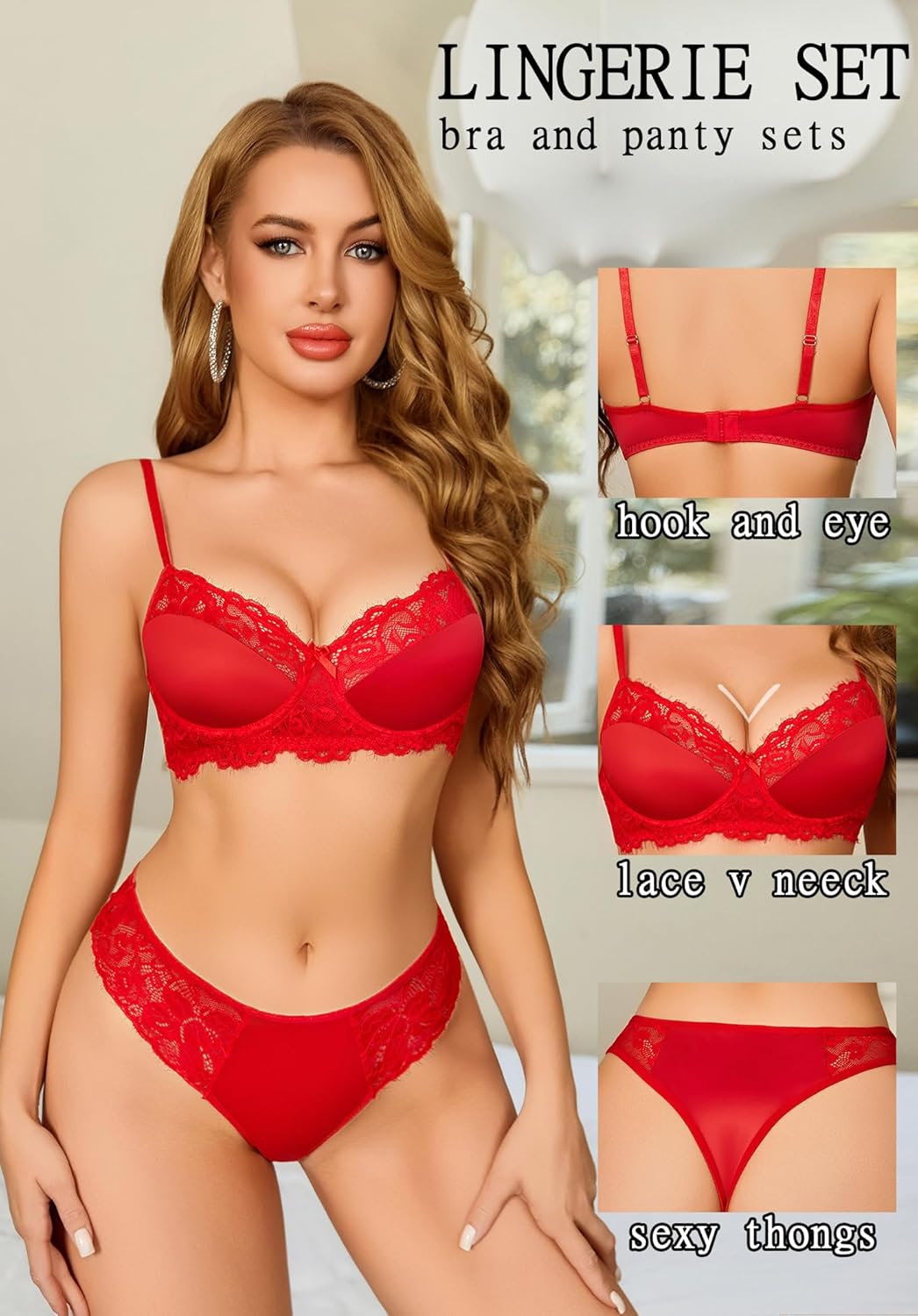 Avidlove Lingerie Sets for Women Sexy Underwire Bra and Pany Set Floral Lace 2 Pieces Underwear Satin Lingerie Outfit - Image 3