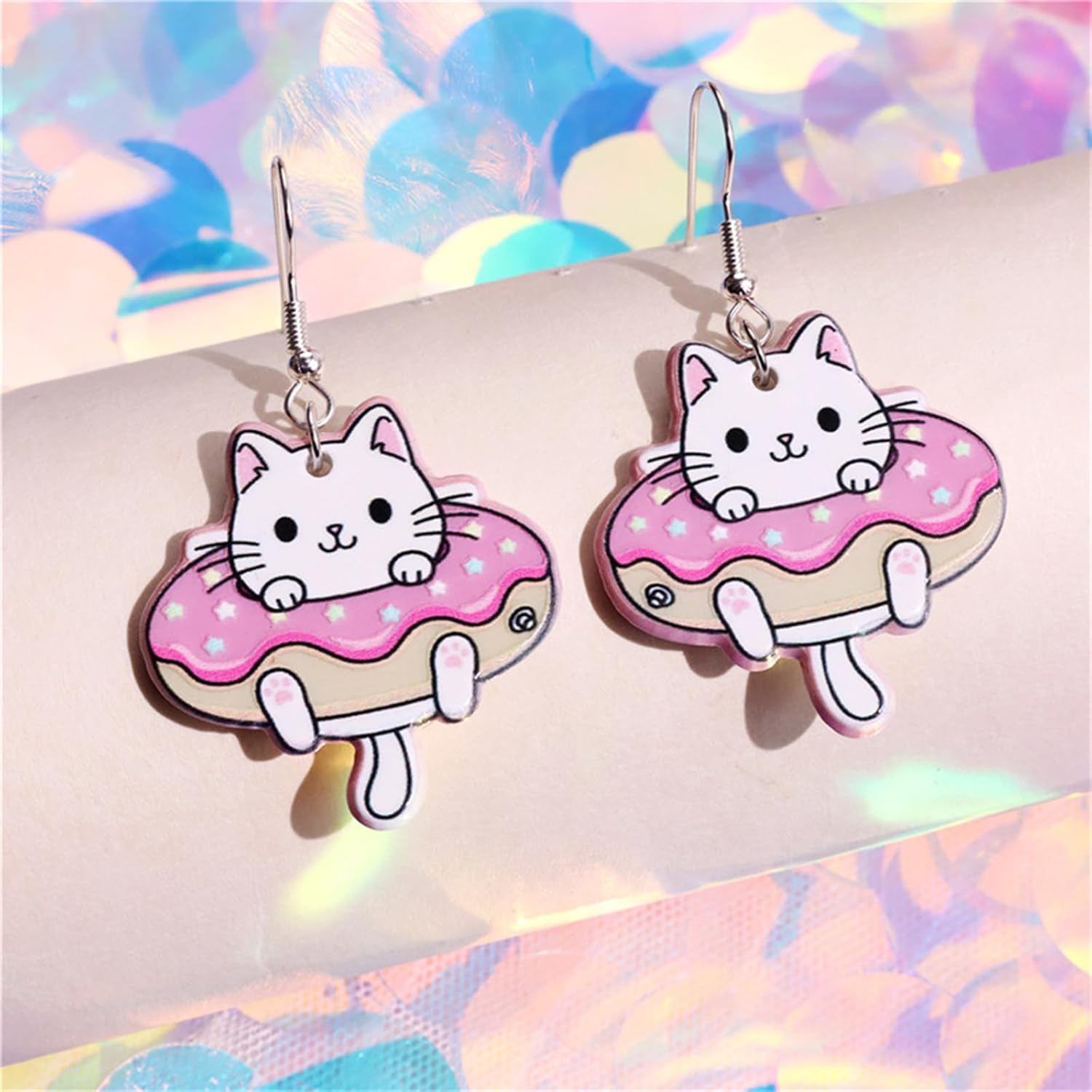 Book Cat Earrings for Women Trendy Acrylic Cute Kawaii Donut Cat Dangle Earrings Handmade Lightweight Aesthetic Cartoon Cat Statement Drop Earrings Jewelry Gifts - Image 4