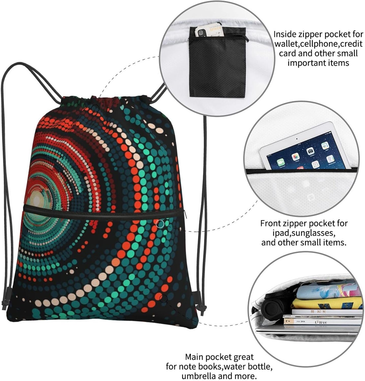 Colorful spots Print Drawstring Gym Bag, Stylish Sports Bag Unisex, Yoga Bag and Travel Drawstring Bag