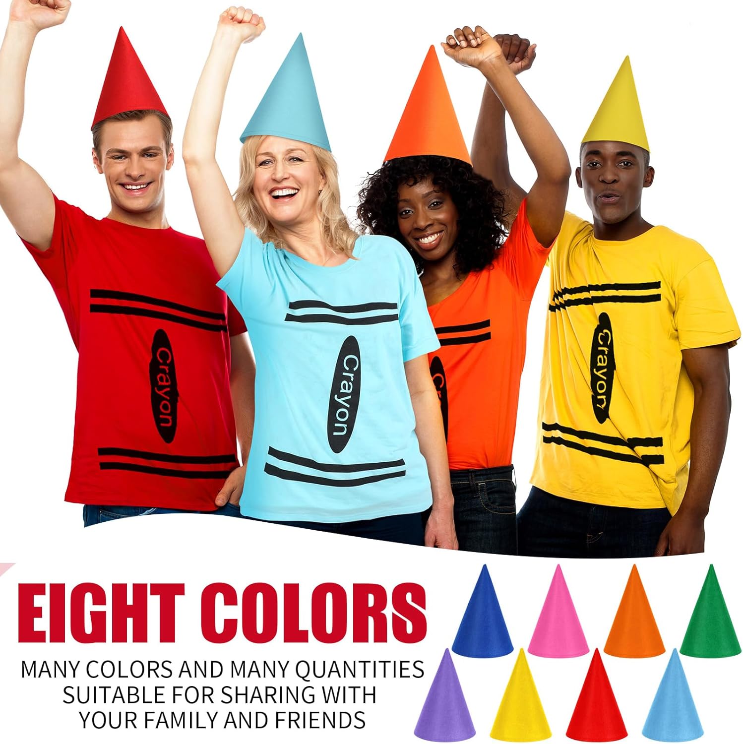 Twistover 8 Sets Crayon Costume Shirt and Funny Gnome Cone Hats for Adults Family Teacher Group Halloween Crayon Outfit