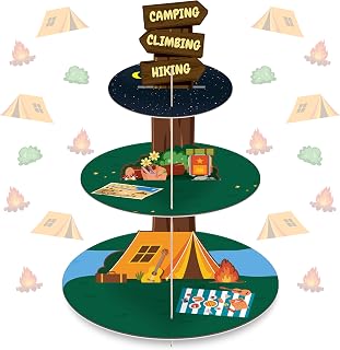 3 Tier Camping Cupcake Stand Outdoor Adventure Travel Hiking Climbing Tiered Dessert Tower Table Display Cardboard Serving Tray Holder for Camper Themed Baby Shower Birthday Party Decorations Supplies
