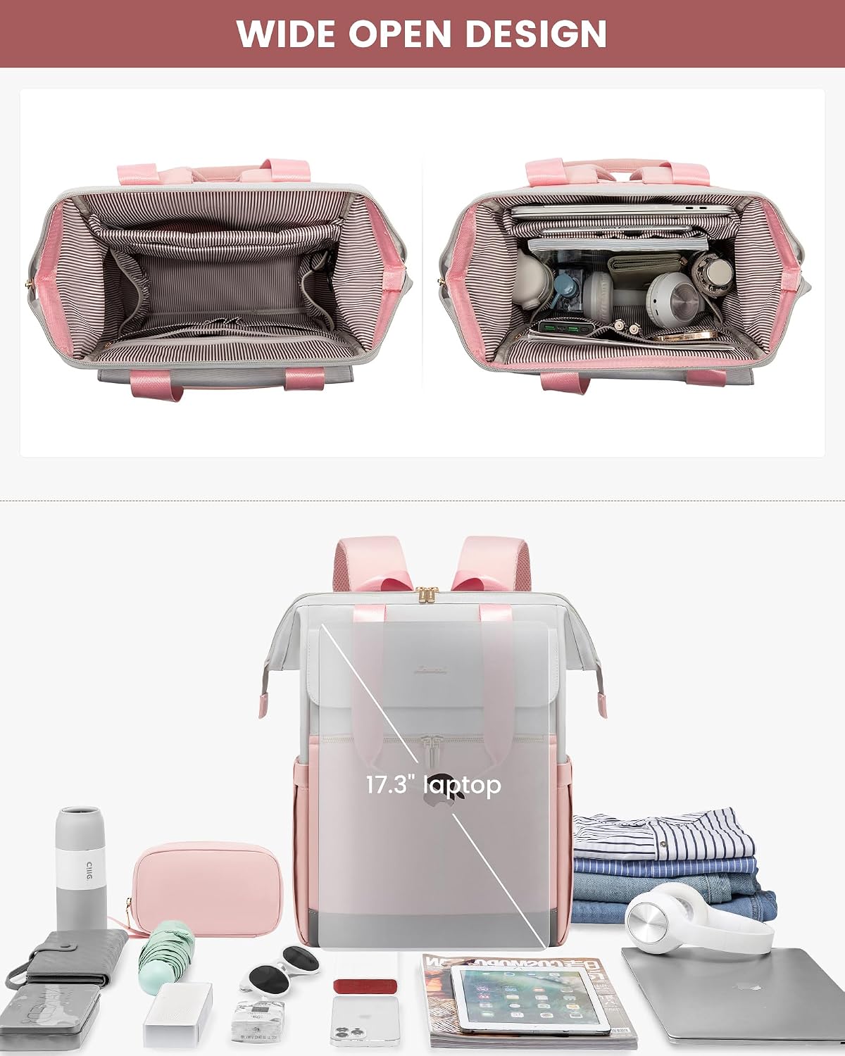 LOVEVOOK 17.3 Inch Laptop Backpack for Women, Large Capacity Travel Backpack with Organizer Bag, Waterproof Carry on Backpack Work Bag with USB Port, Teacher Nurse Backpack Purse, 2PCS, Grey-Pink