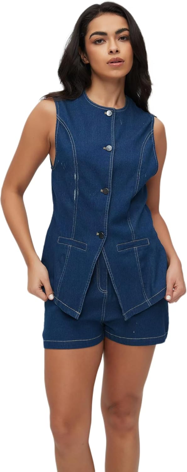 Denim Vest 2 Piece Sets High Waist Shorts Old Money Clothes Jean Jacket Y2K Business Slim Fit Casual Outfits