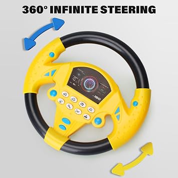 Steering Wheel Toy 8x8 Inch Realistic Kids Steering Wheel with Suction 360 Rotatable with Multiple Sound Effects for Home, Playground, Swing, Pirate Ship, Yellow Toy
