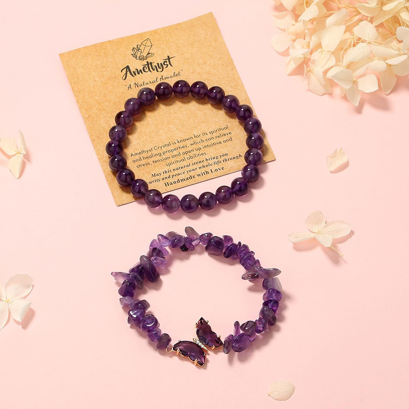 DUQGUHO 2Pcs Butterfly Bracelets for Women Healing Crystals Bracelets for Women Natural Gemstone Bead Bracelet Cute Butterfly Charm Bracelet Stretch 8mm Crystal Jewelry Gifts for Women - Image 3
