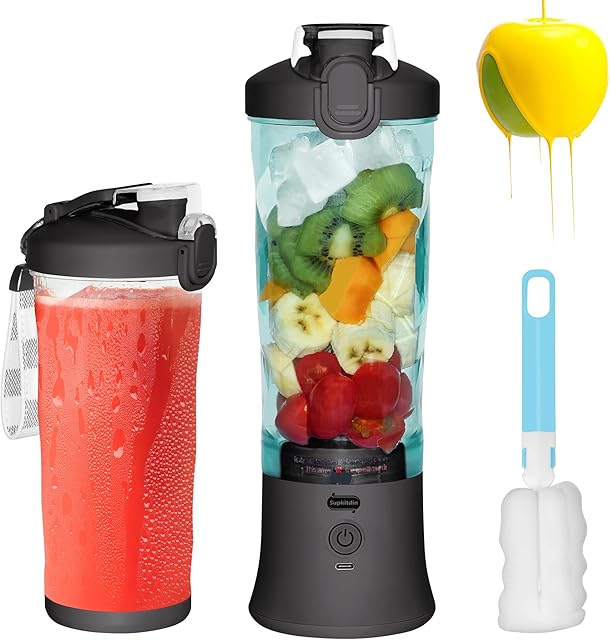 20 Oz Portable Blender USB Rechargeable, Supkitdin Waterproof Personal Blender for Shakes and Smoothies, with 6 Ultra-sharp Blades for Travel, Office & Sports (Black)