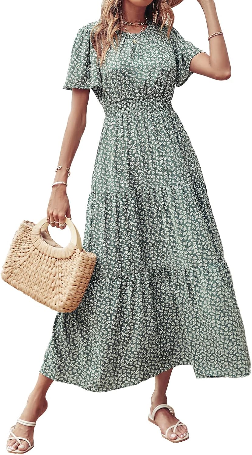 Prettygarden - Vestido largo de manga corta con cuello redondo y cintura elástica fruncida para mujer, vestido de verano bohemio, floral,