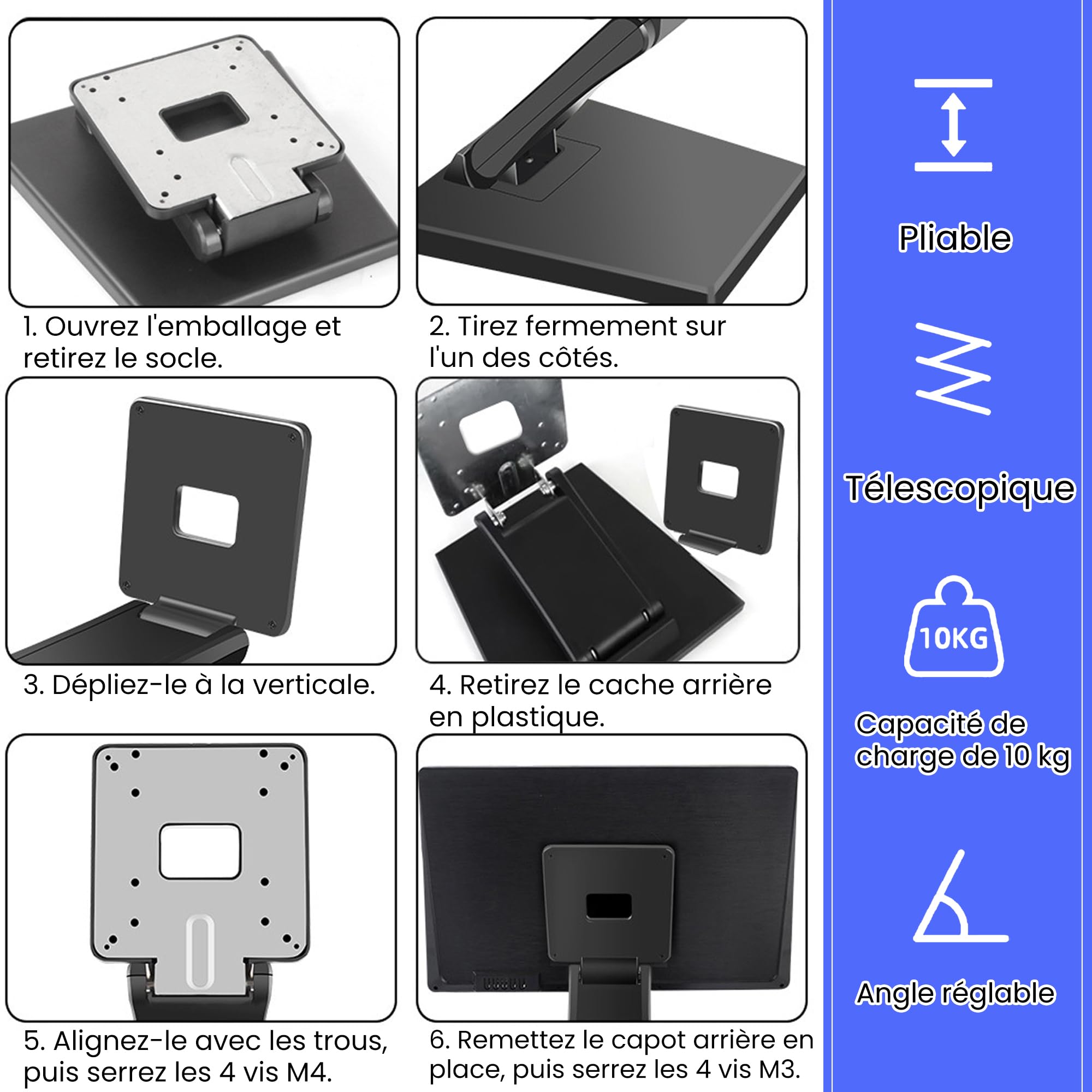 bimiti Supporto per schermo piatto pieghevole supporto monitor LCD | regolabile in metallo, foro VESA 75 x 75 mm/100 x 100 mm, compatibile con schermi da 10 – 27 pollici, nero