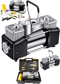 Çift Pistonlu Araç Lastik Şişirme Kompresörü, Çok Renkli, 12V, 150 PSI, LED Aydınlatmalı, Taşıma Çantalı, Lastik Tamir Kiti Dahil